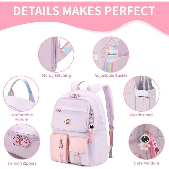 Cute Girls School Backpack Purple Pink Waterproof Bookbag with Keychain Gift - Picture 2 of 14